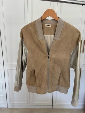 L'AGENCE Taupe Suede Bomber Jacket with Metallic Silver Sleeves. Size S.